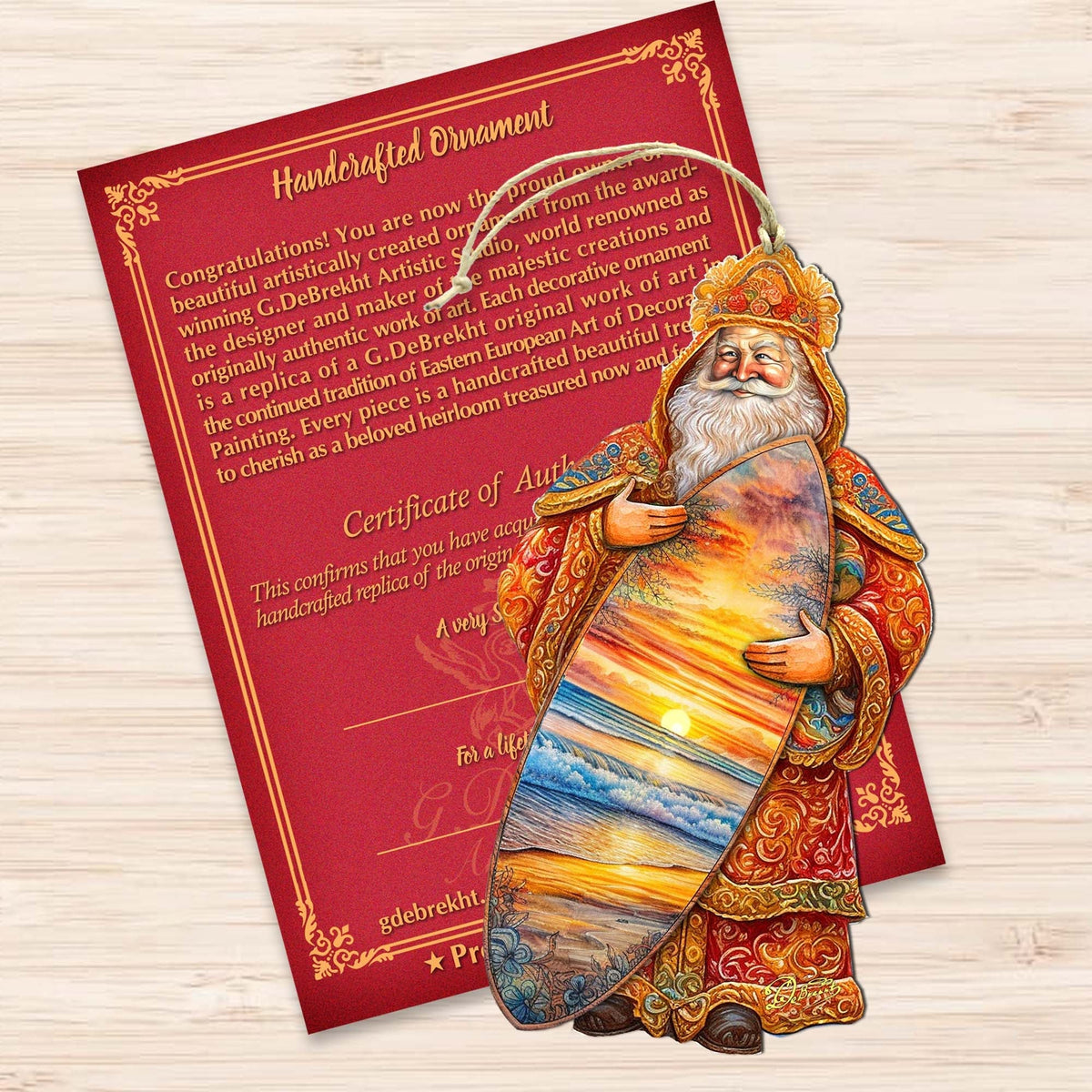 Santa's Tropical Surf Ride Wooden Ornaments by G. Debrekht - Christmas Santa Snowman Decor - 8691413