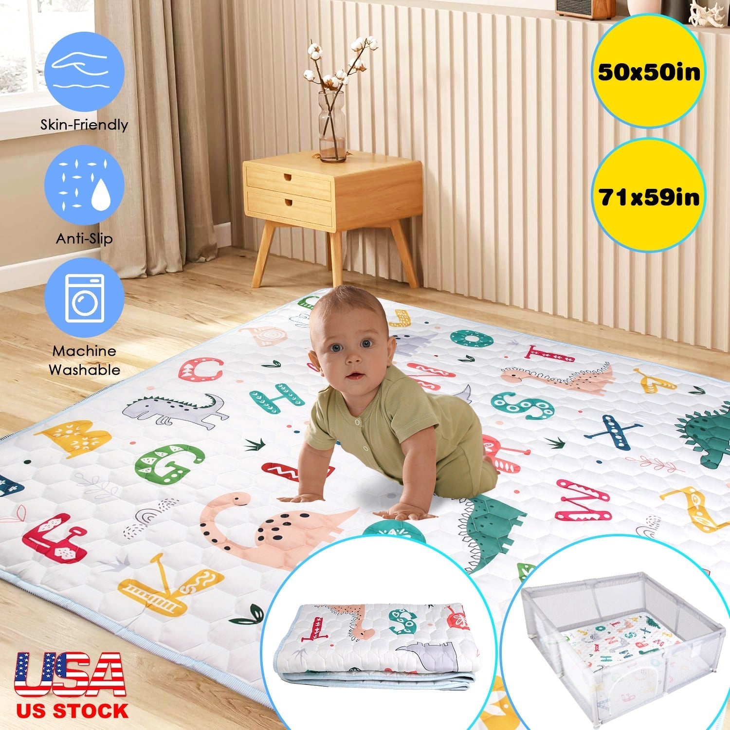 71x59IN Baby Play Mat Non-Slip Baby Crawling Mat Foldable Playpen Mat Machine Washable for Newborns Infants Babies Toddlers