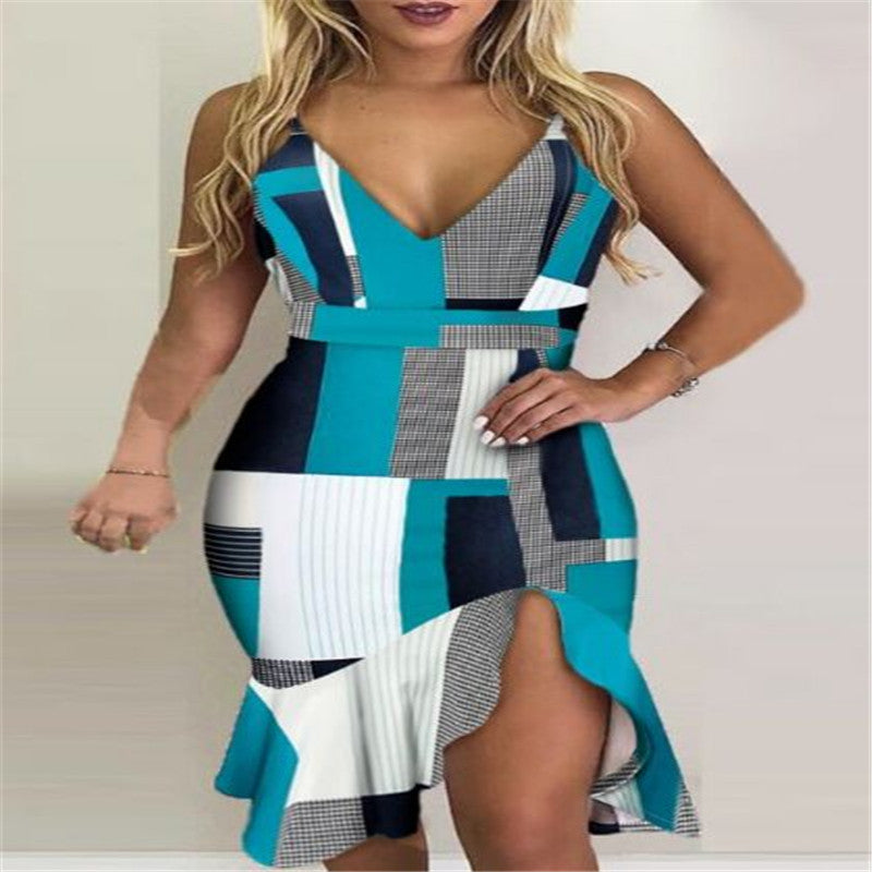 Women's Printed Halter Irregular Midi Dress