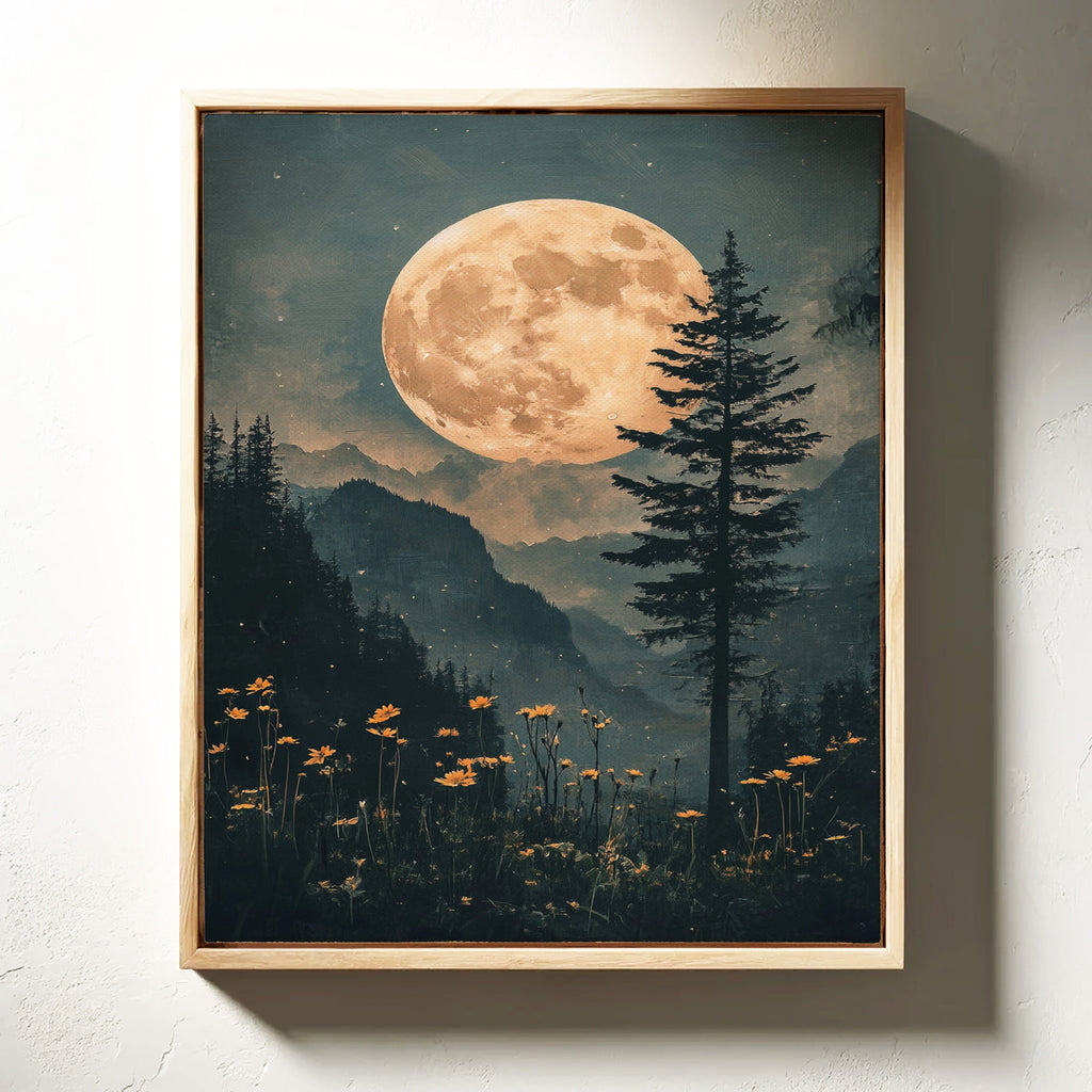 Harvest Moon Forest: Serene Mountain Landscape Canvas Wall Art