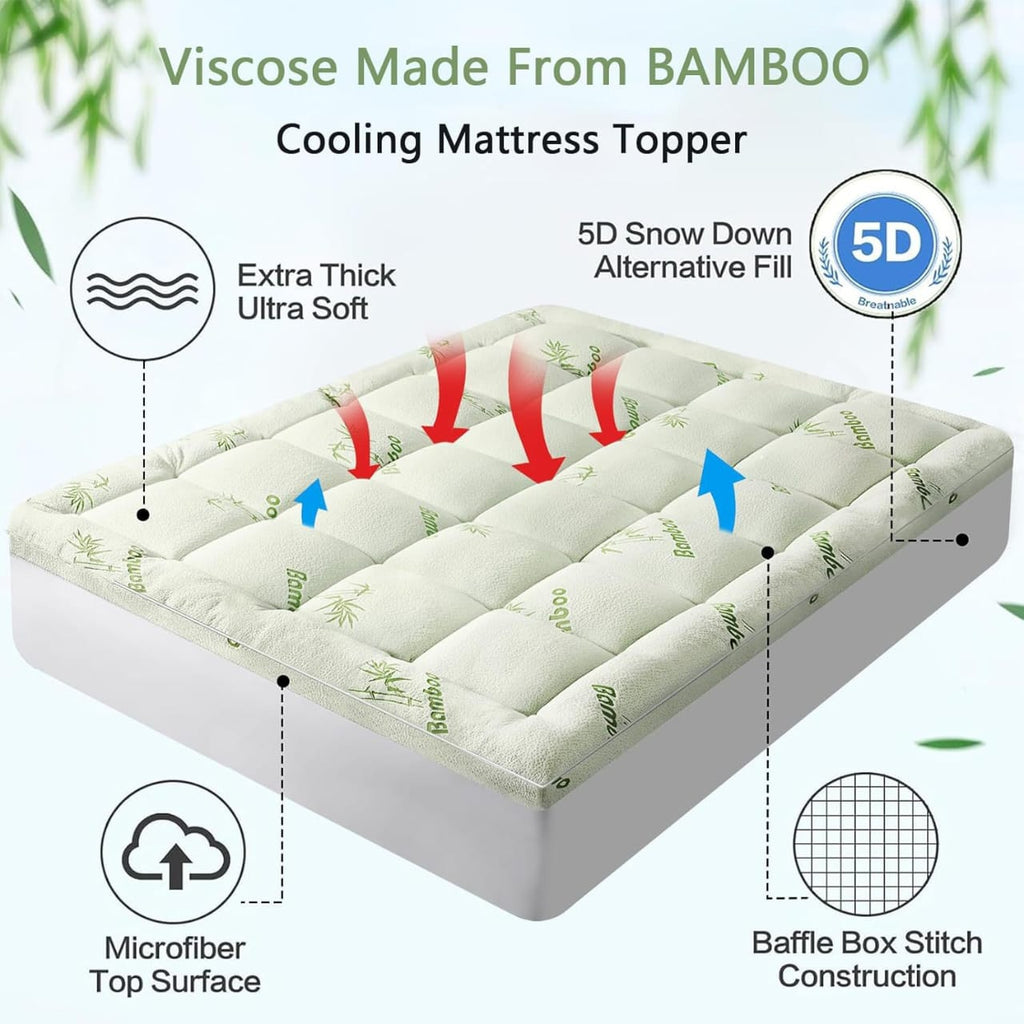 Bamboo Mattress Topper – Cooling, Extra Thick & Soft Quilted Cover for Back Pain Relief