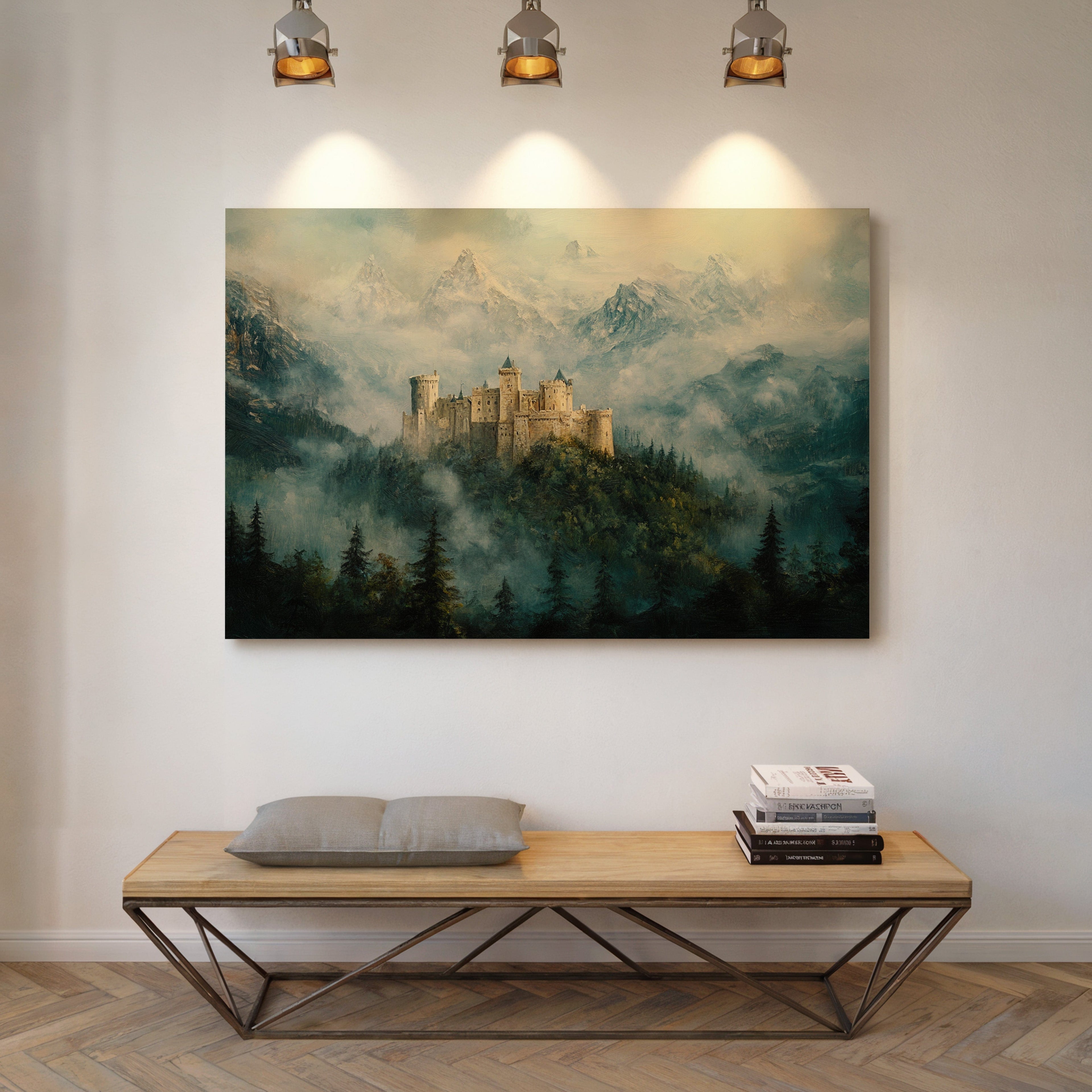 Misty Mountain Castle: Ethereal Fantasy Landscape Canvas Wall Art