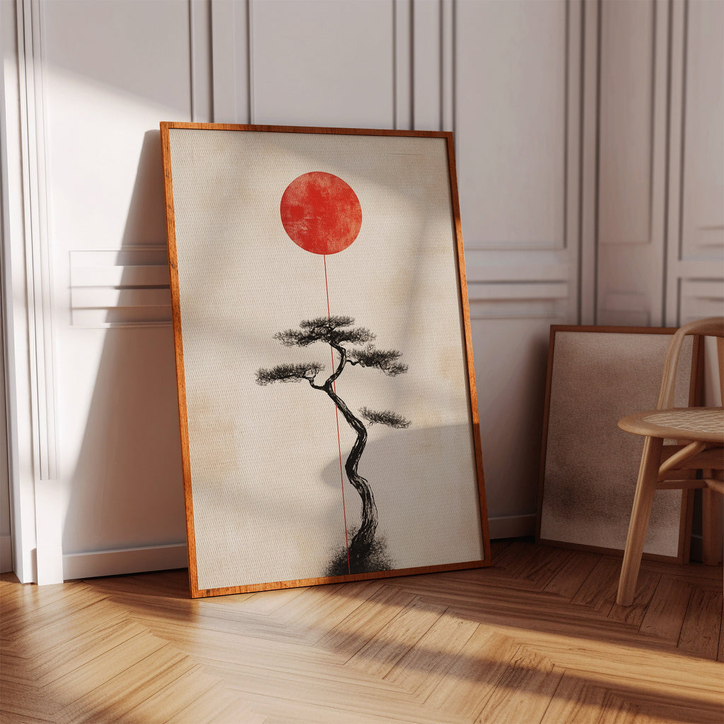 Minimalist Bonsai & Rising Sun – Japanese Zen-Inspired Wall Art