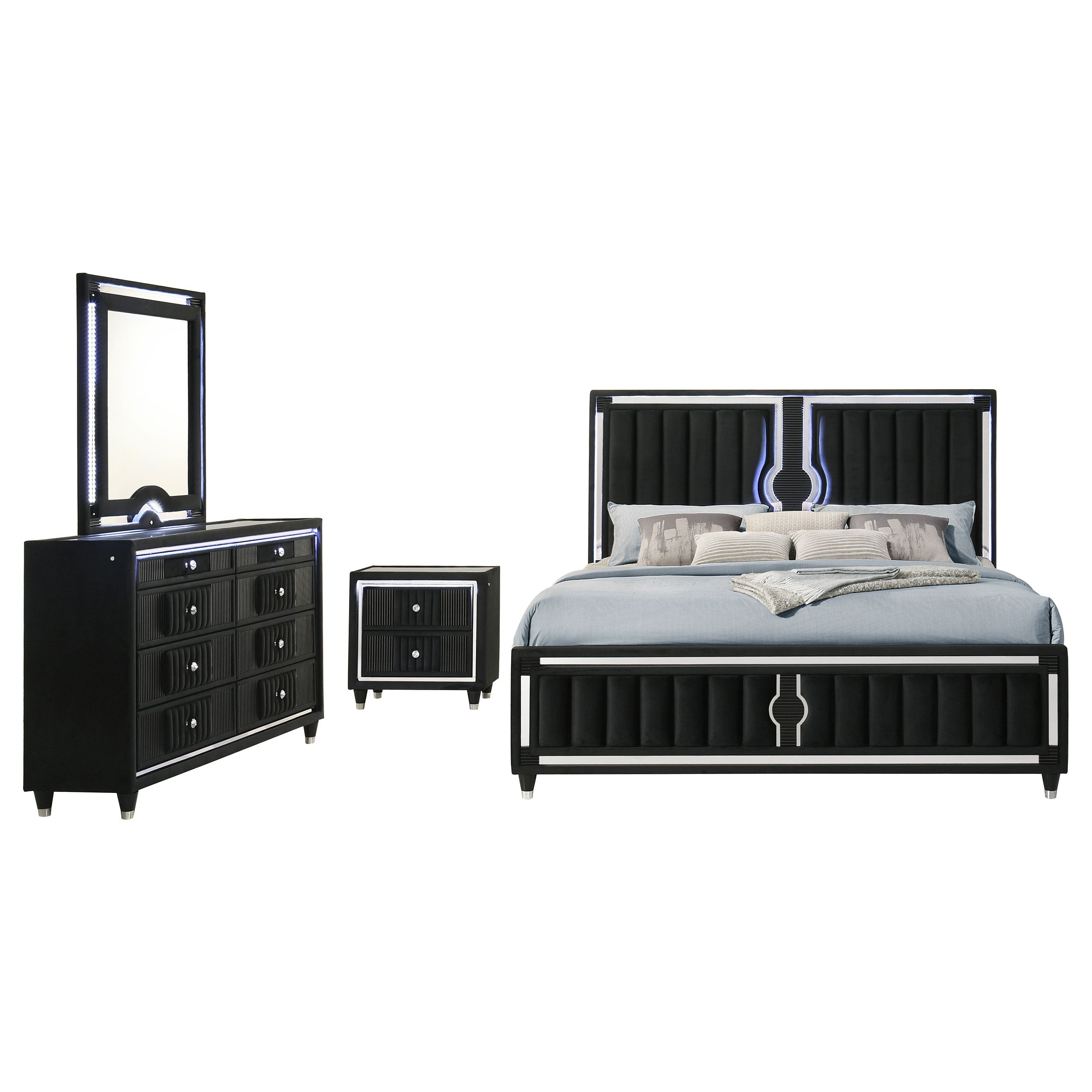 Ravenne 4-piece Velvet Upholstered Eastern King LED Bedroom Set Black