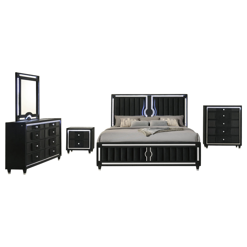 Ravenne 5-piece Velvet Upholstered Eastern King LED Bedroom Set Black