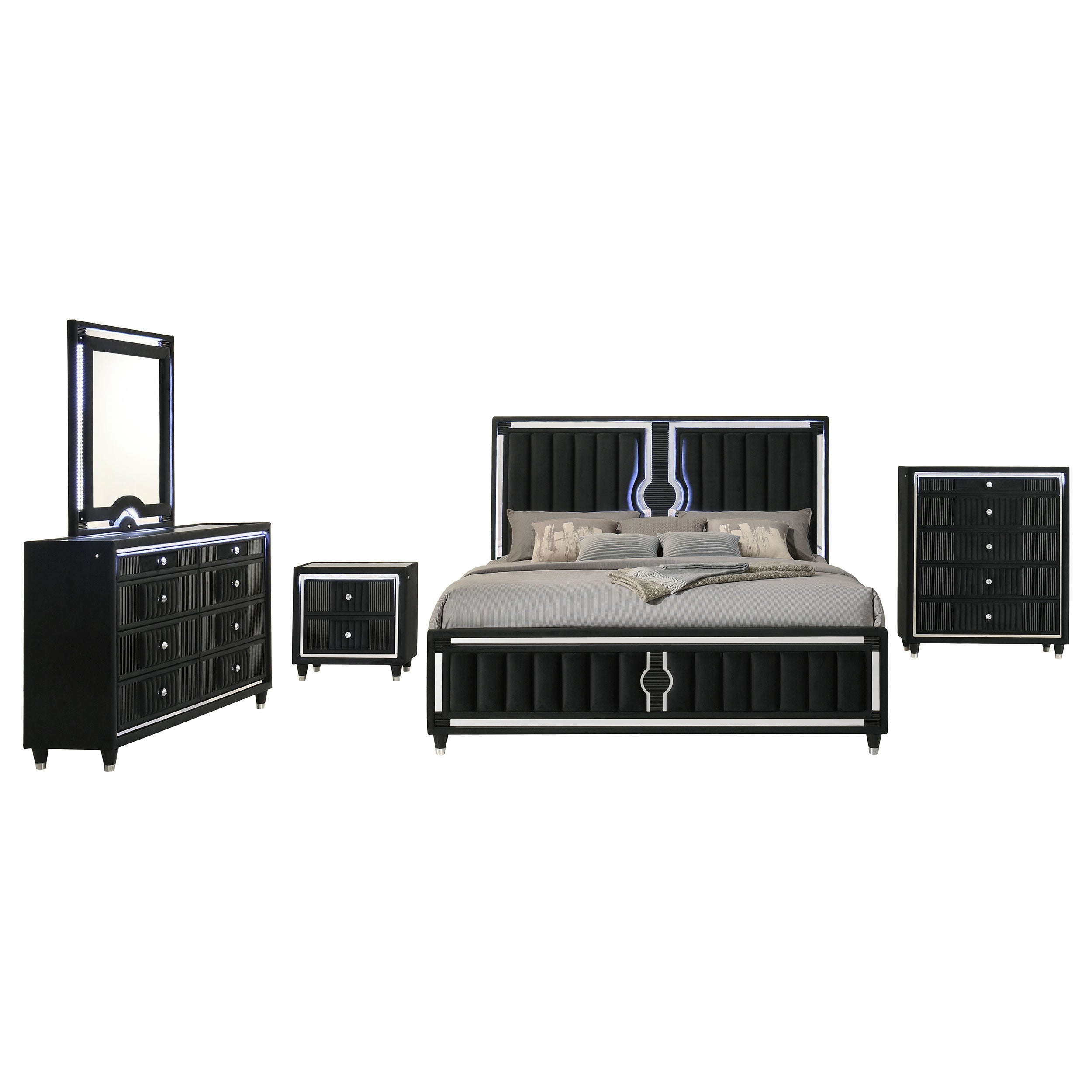 Ravenne 5-piece Velvet Upholstered Eastern King LED Bedroom Set Black