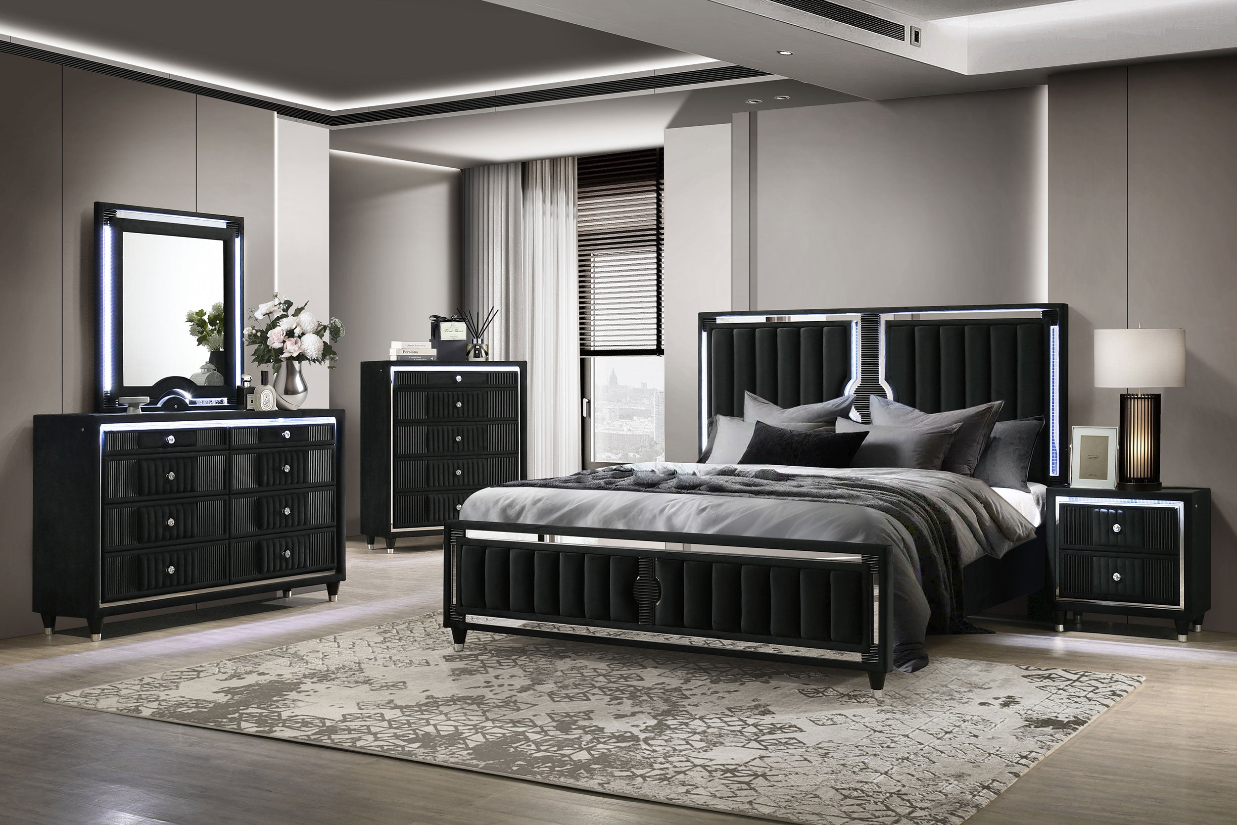Ravenne 5-piece Velvet Upholstered California King LED Bedroom Set Black