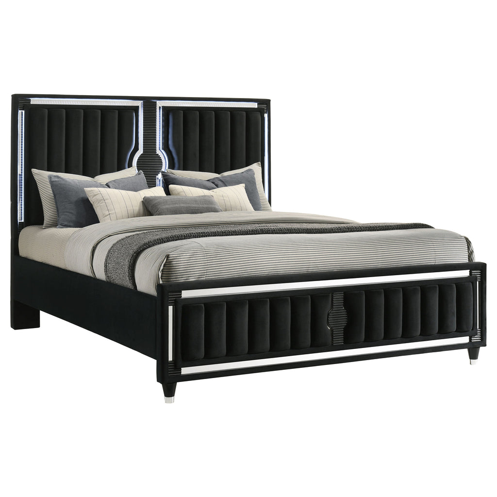Ravenne Velvet Upholstered California King LED Panel Bed Black