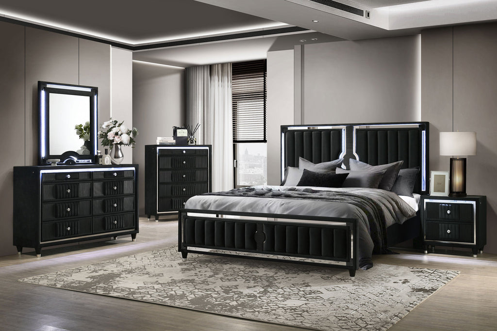 Ravenne Velvet Upholstered Queen LED Panel Bed Black