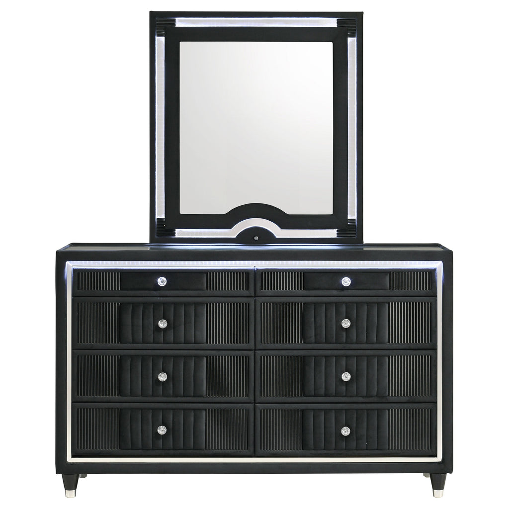Ravenne 8-drawer Velvet Upholstered LED Dresser and Mirror Black