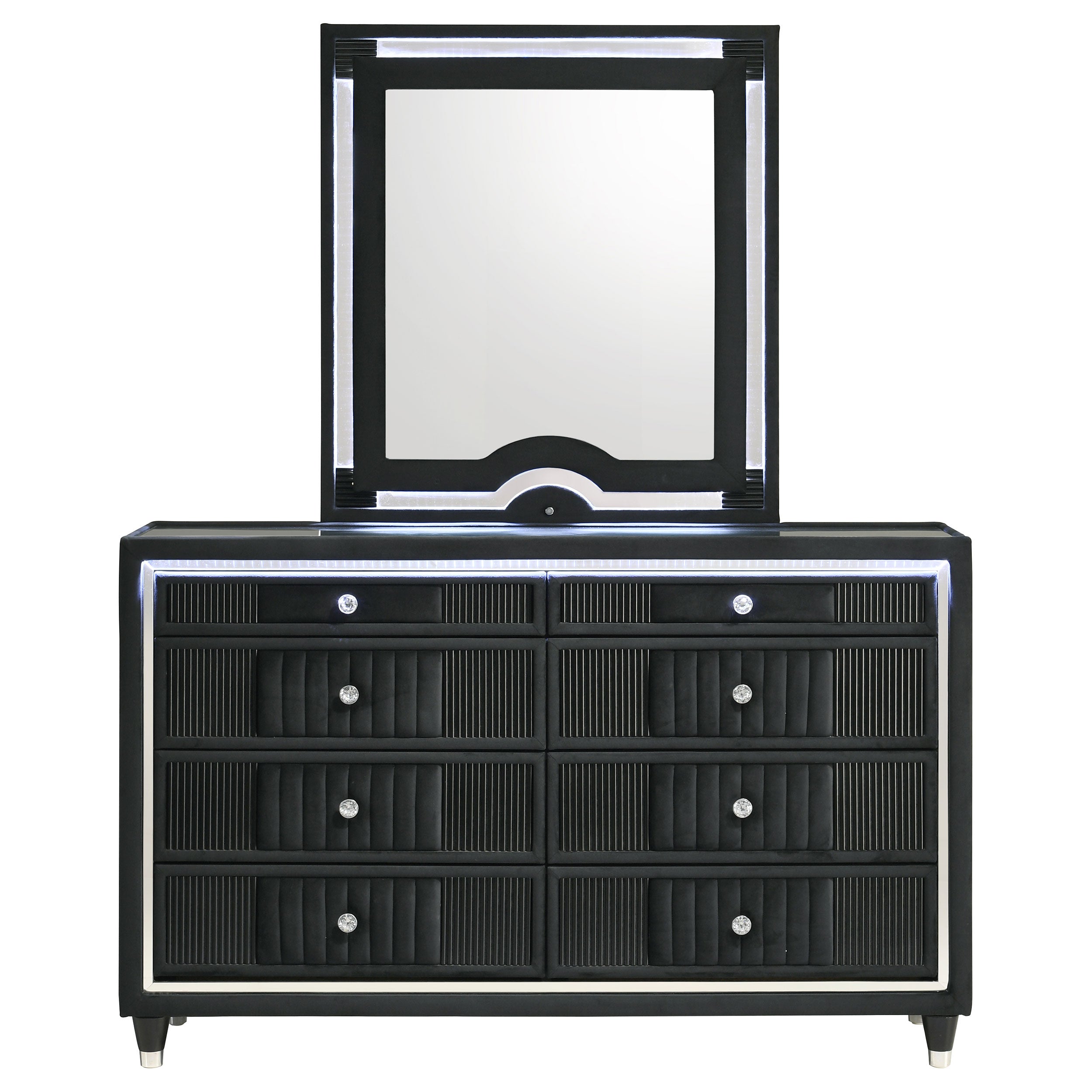 Ravenne 8-drawer Velvet Upholstered LED Dresser and Mirror Black