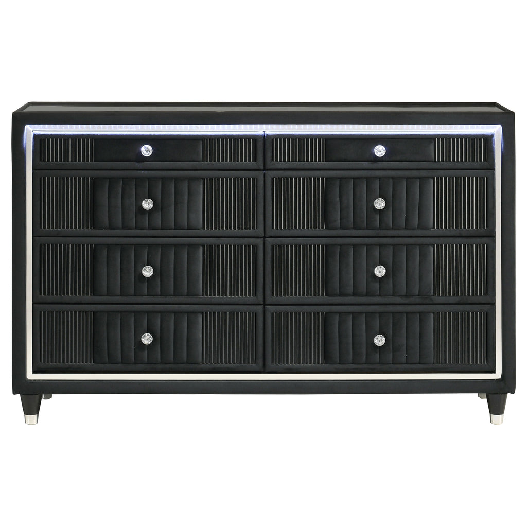 Ravenne 8-drawer Velvet Upholstered LED Dresser Cabinet Black