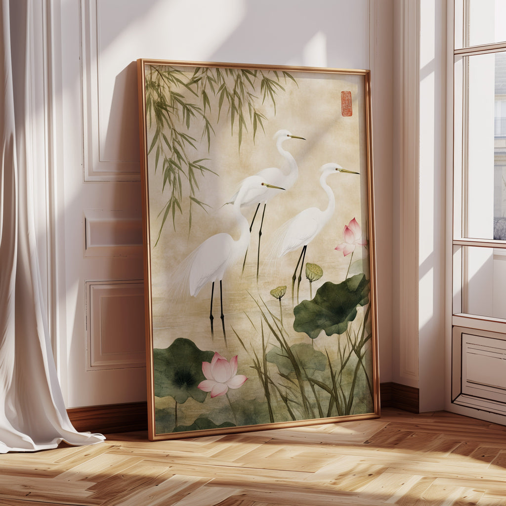 Japanese Egret Wall Art – Elegant Minimalist Nature Print