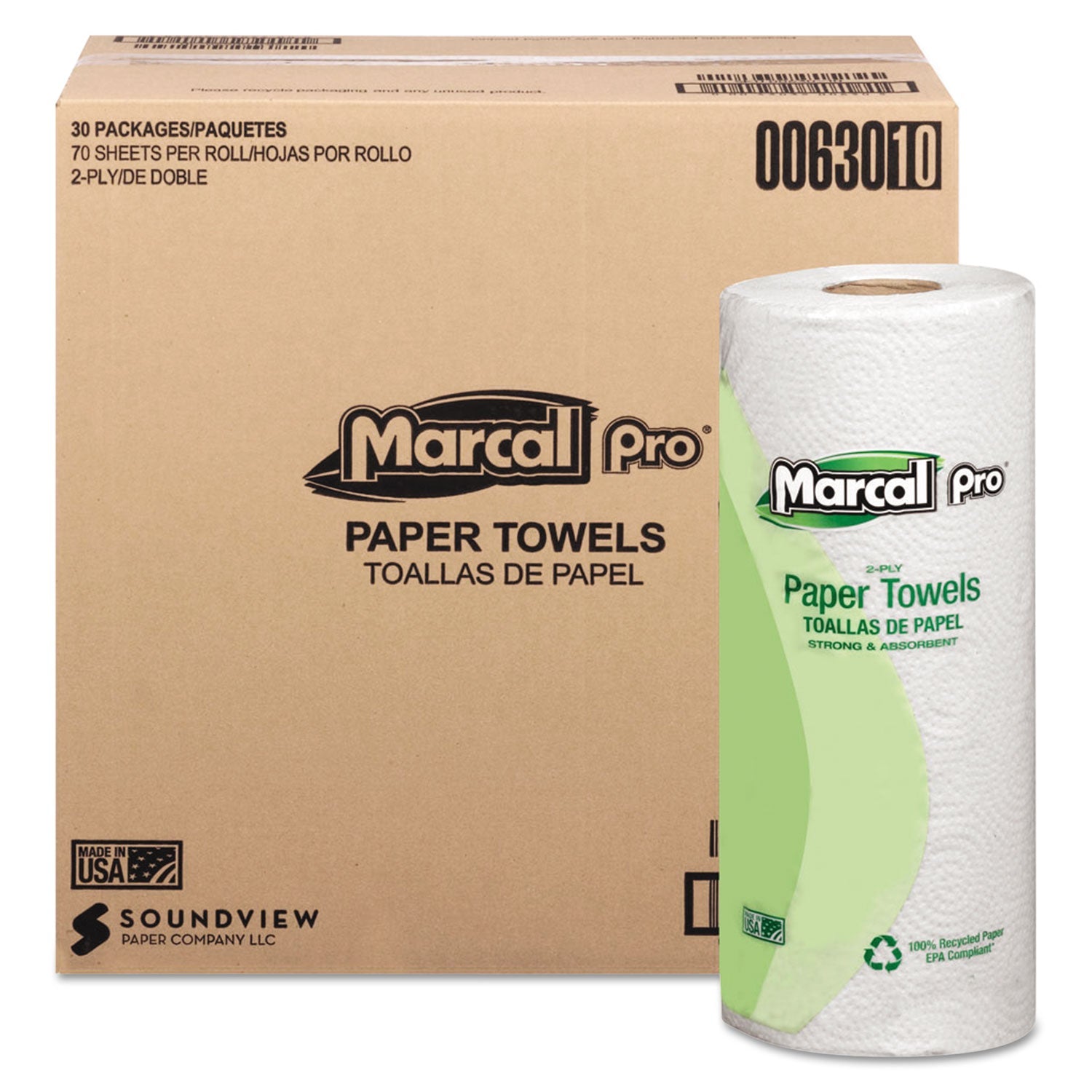 Marcal PRO 100% Premium Recycled Kitchen Roll Towels, 2-Ply, 11 x 9, White, 70/Roll, 30 Rolls/Carton