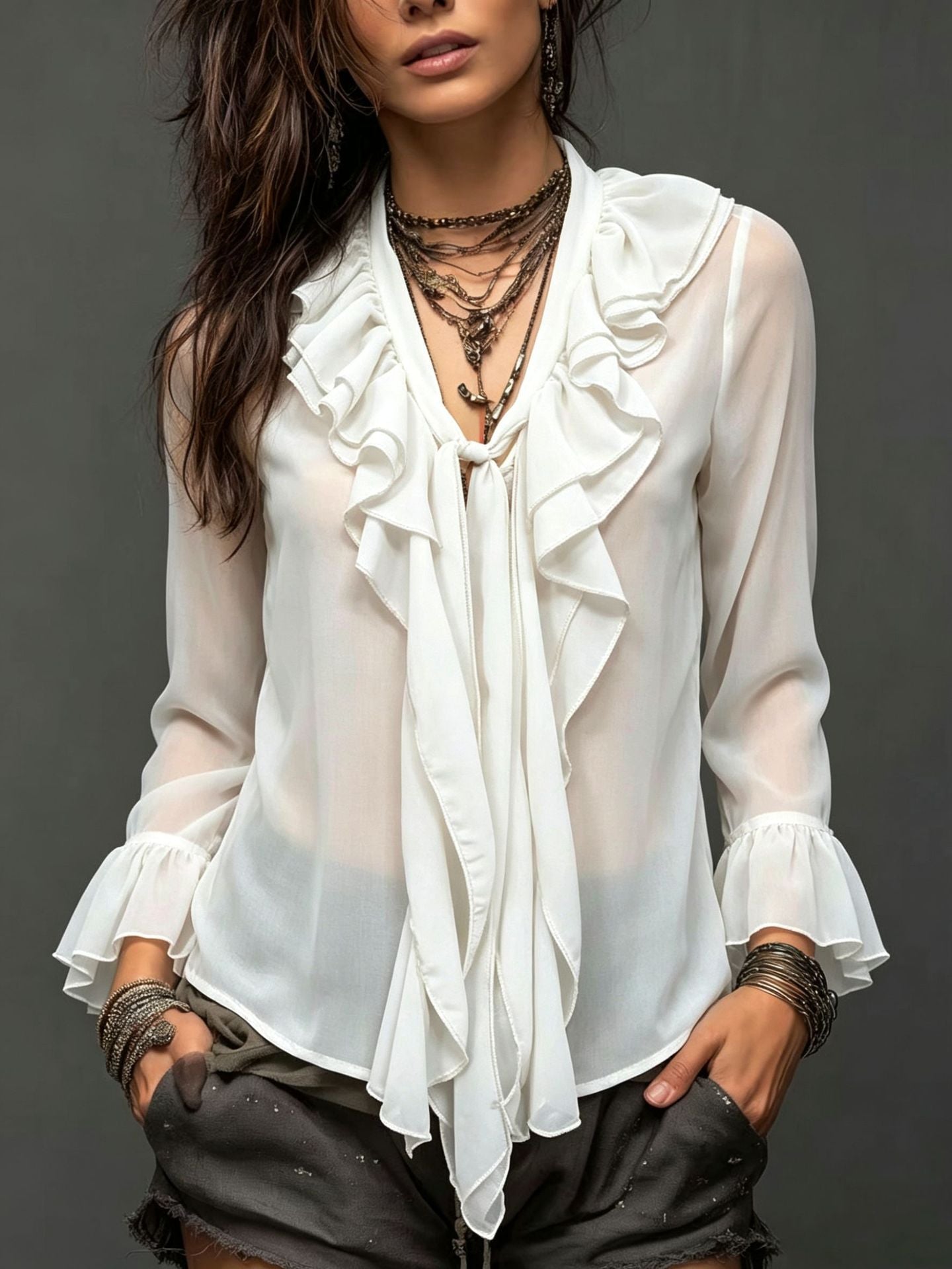 Bohemian Chiffon See-Through Ruffled Blouse – Long Sleeve