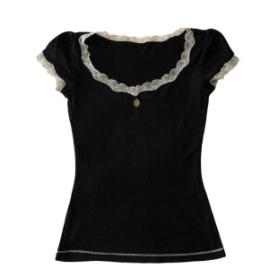 Women's Short Sleeve Lace T-Shirt – Black, Red & Plaid