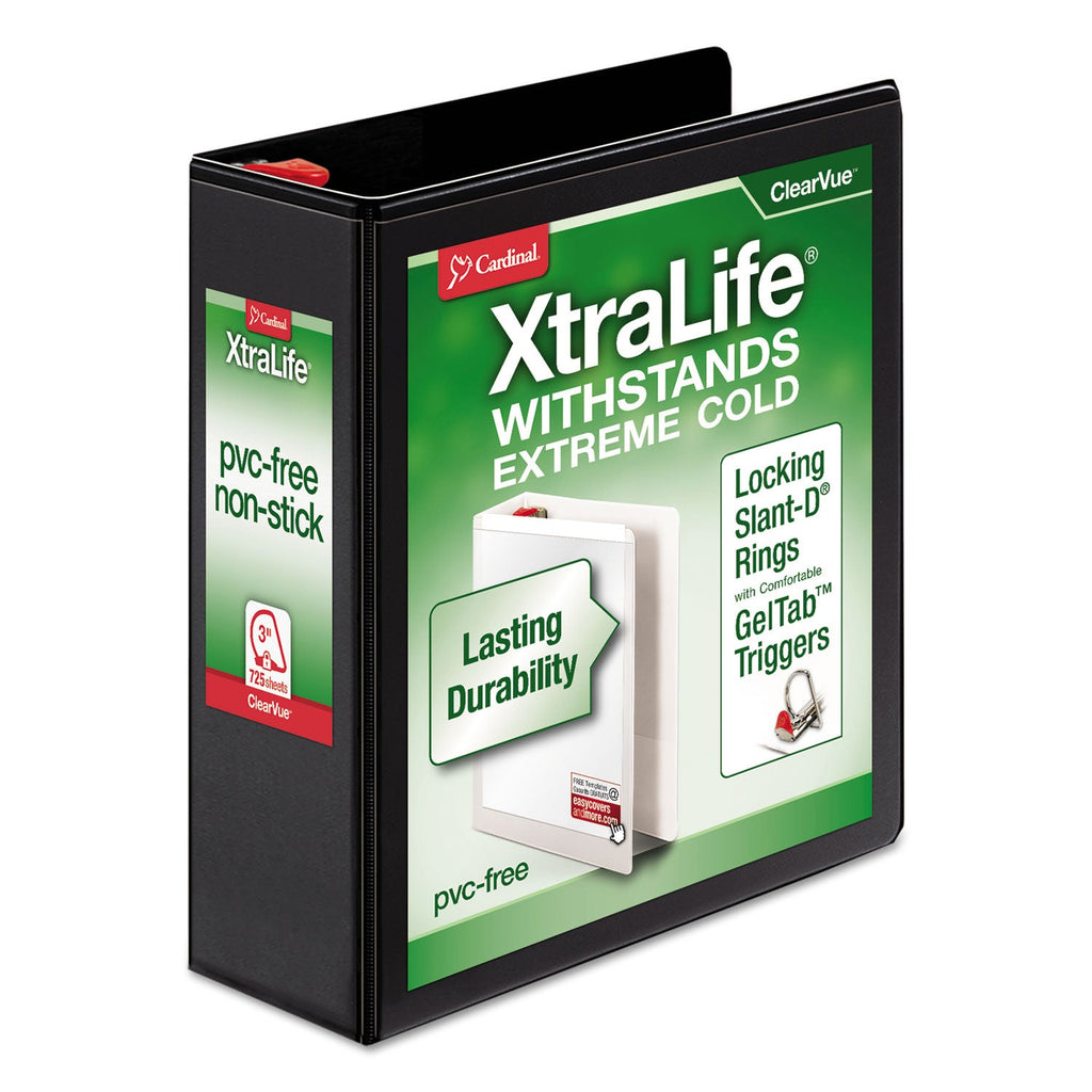 Cardinal XtraLife ClearVue Non-Stick Locking Slant-D Ring Binder, 3 Rings, 3" Capacity, 11 x 8.5, Black