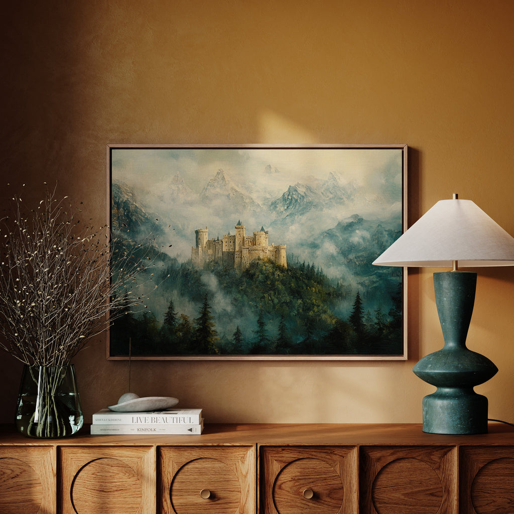 Misty Mountain Castle: Ethereal Fantasy Landscape Canvas Wall Art