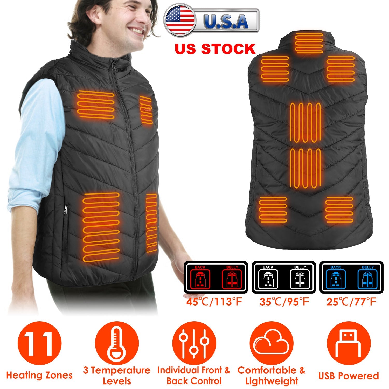 Heated Vest Electric USB Jacket Men Women Heating Coat Thermal Body Warmer Wear with 3 Temperature Levels