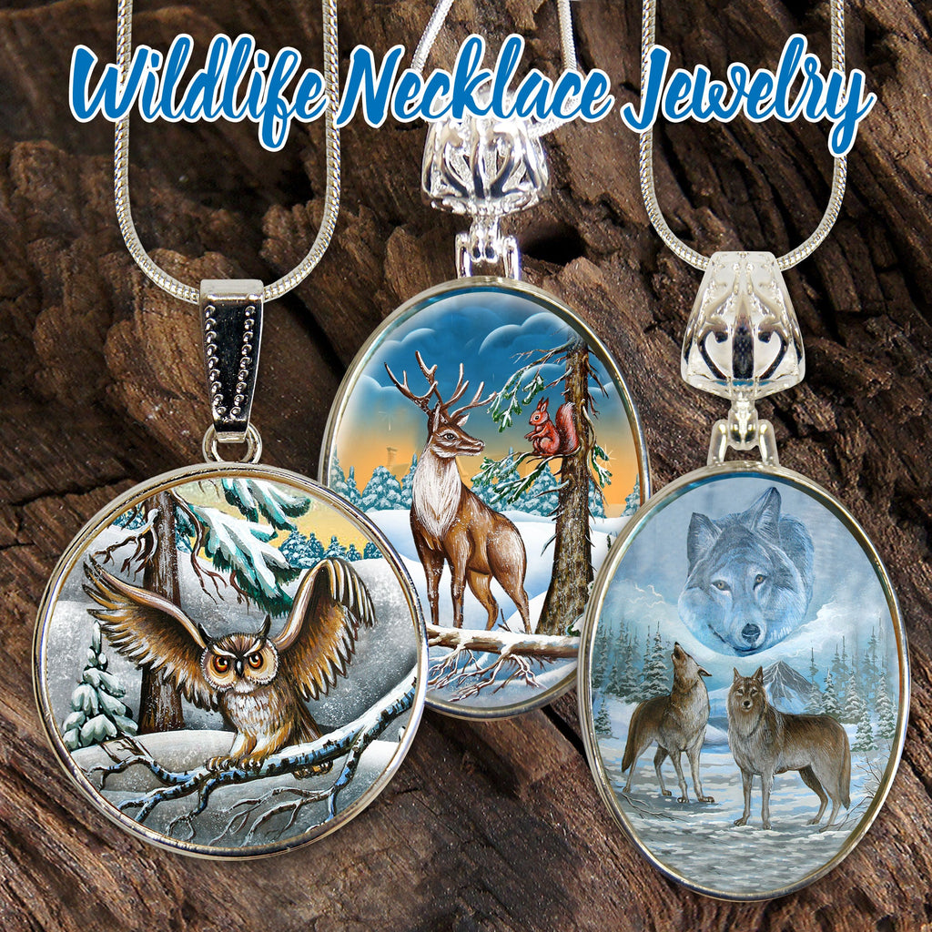 Wolves Howling Round Silver-Plated Mother of Pearl Jewelry Pendant Necklace - 44040