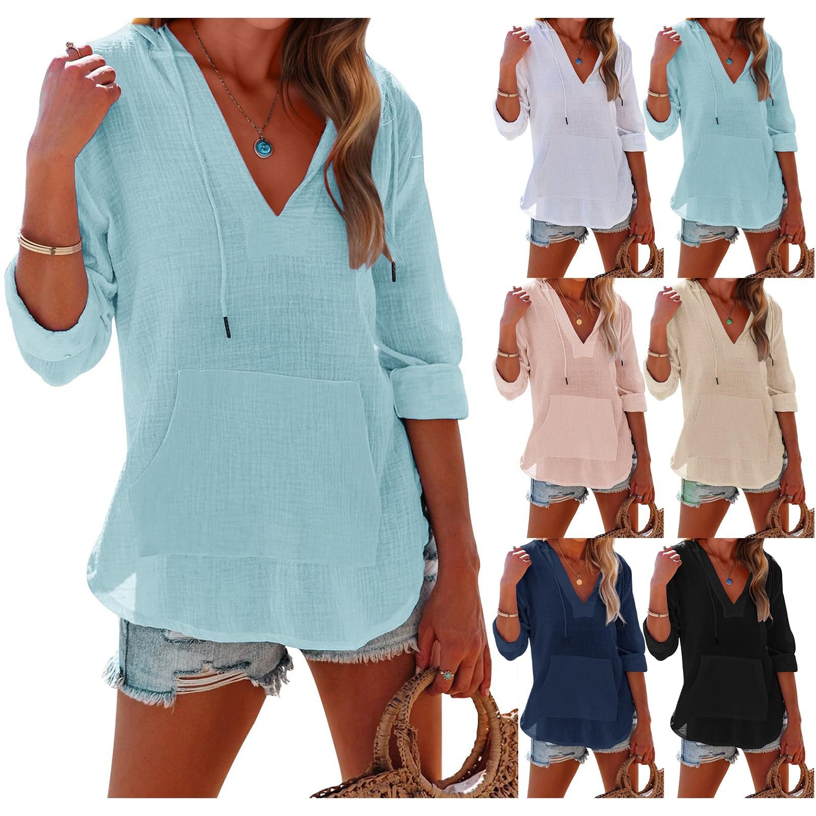 Women’s V-Neck Hooded Top with Pockets – Long Sleeve Split Hem