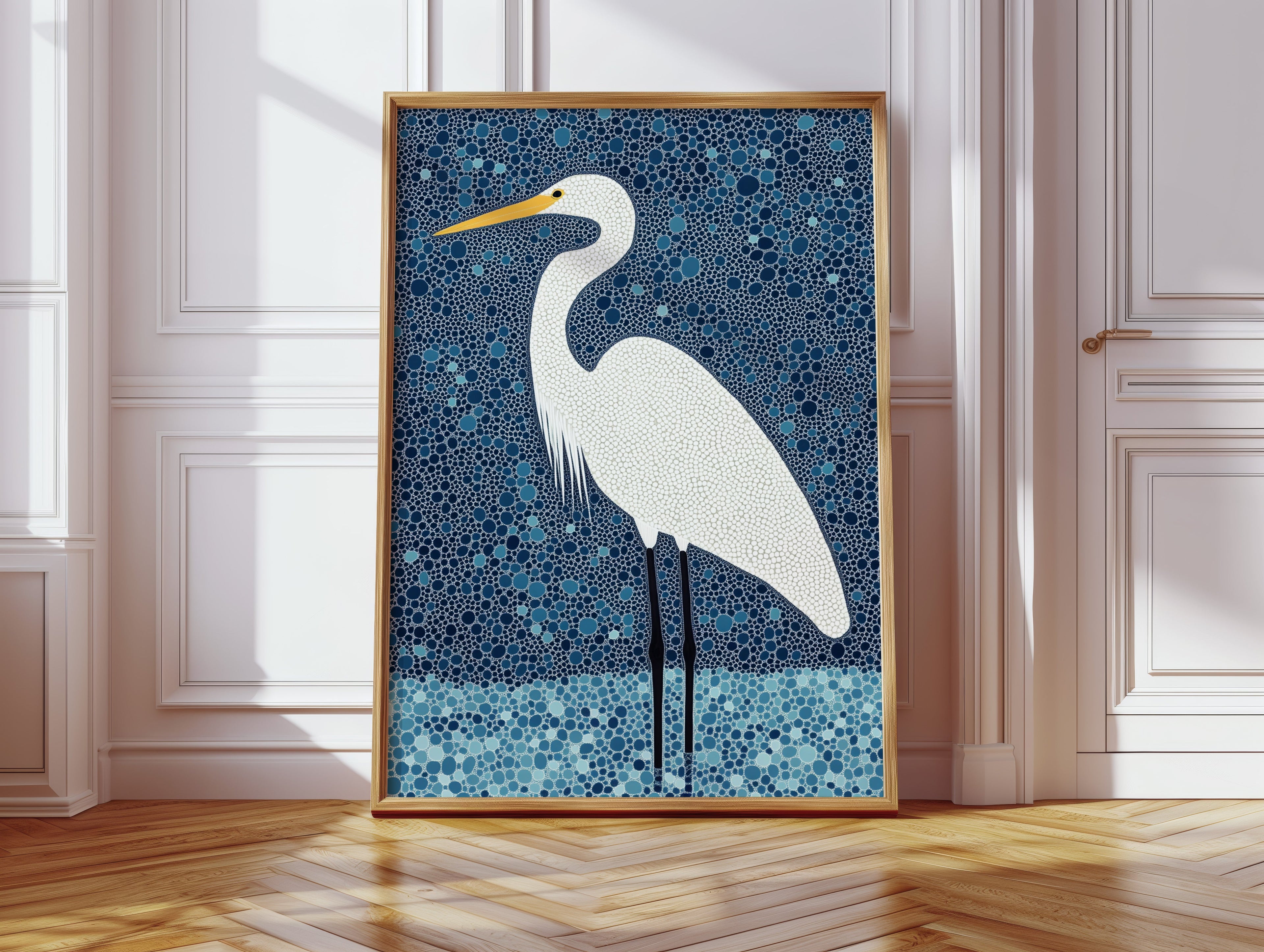 Elegant White Egret – Mosaic-Inspired Bird Wall Art