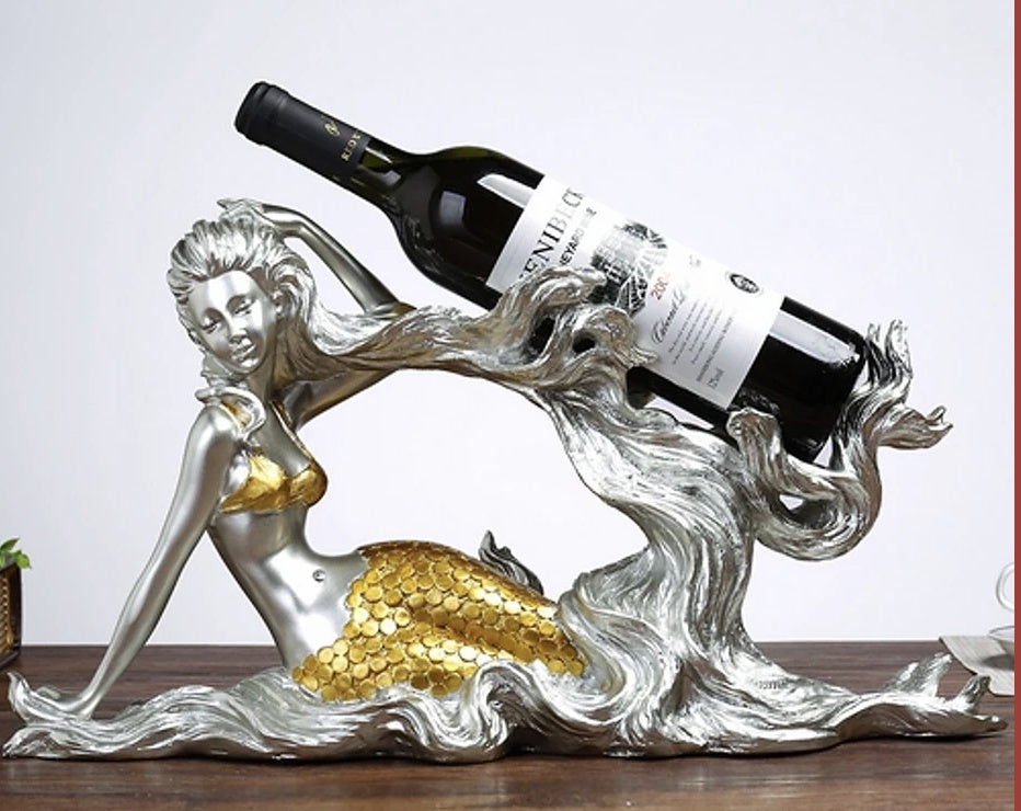 Mermaid Resin Wine Bottle Holder – Decorative Display Stand | Gold & Silver