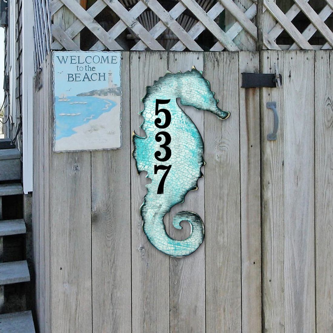 Seahorse Coastal Wooden Personalized House Number Sign by G. Debrekht - Coastal Sea-Life Decor - Handcrafted Wooden Handcrafted Wooden Handcrafted Wooden Address Sign - MA98517