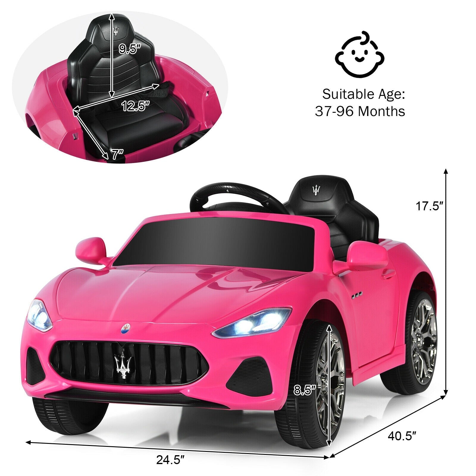 12V Kids Ride-On Car with Remote Control and Lights-Pink