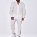 Men’s Linen Two-Piece Set – V-Neck Long Sleeve Top & Straight Pants