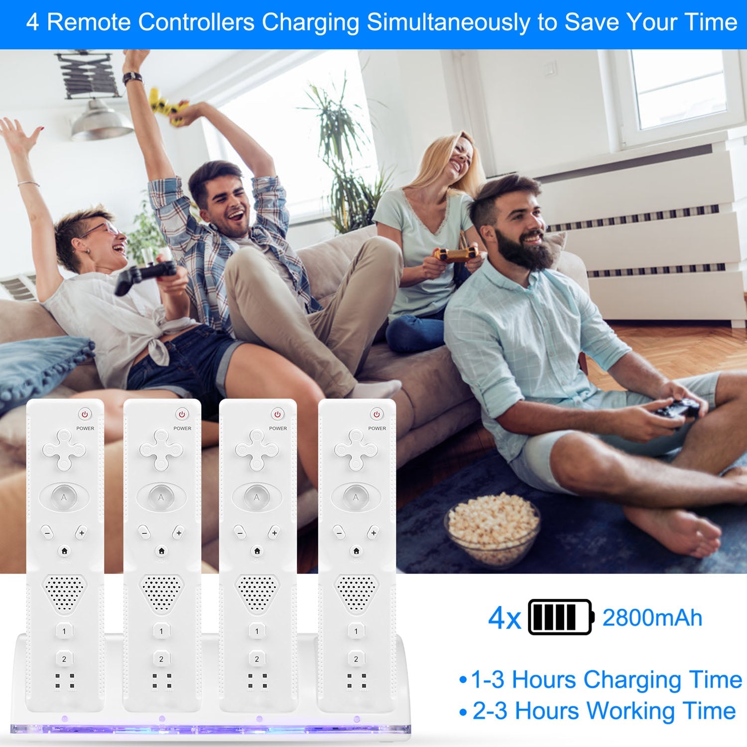 4 Remotes Charging Dock Game Controller Charger 2800mAh Rechargeable Battery Charging Stations w/ LED Indicator for Wii Nintendo