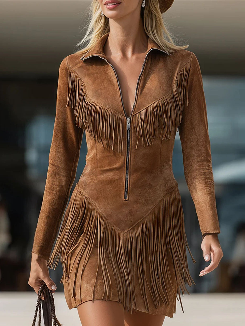 Women’s Western Fringe Midi Dress – Long Sleeve Suede Tassel Slim Fit