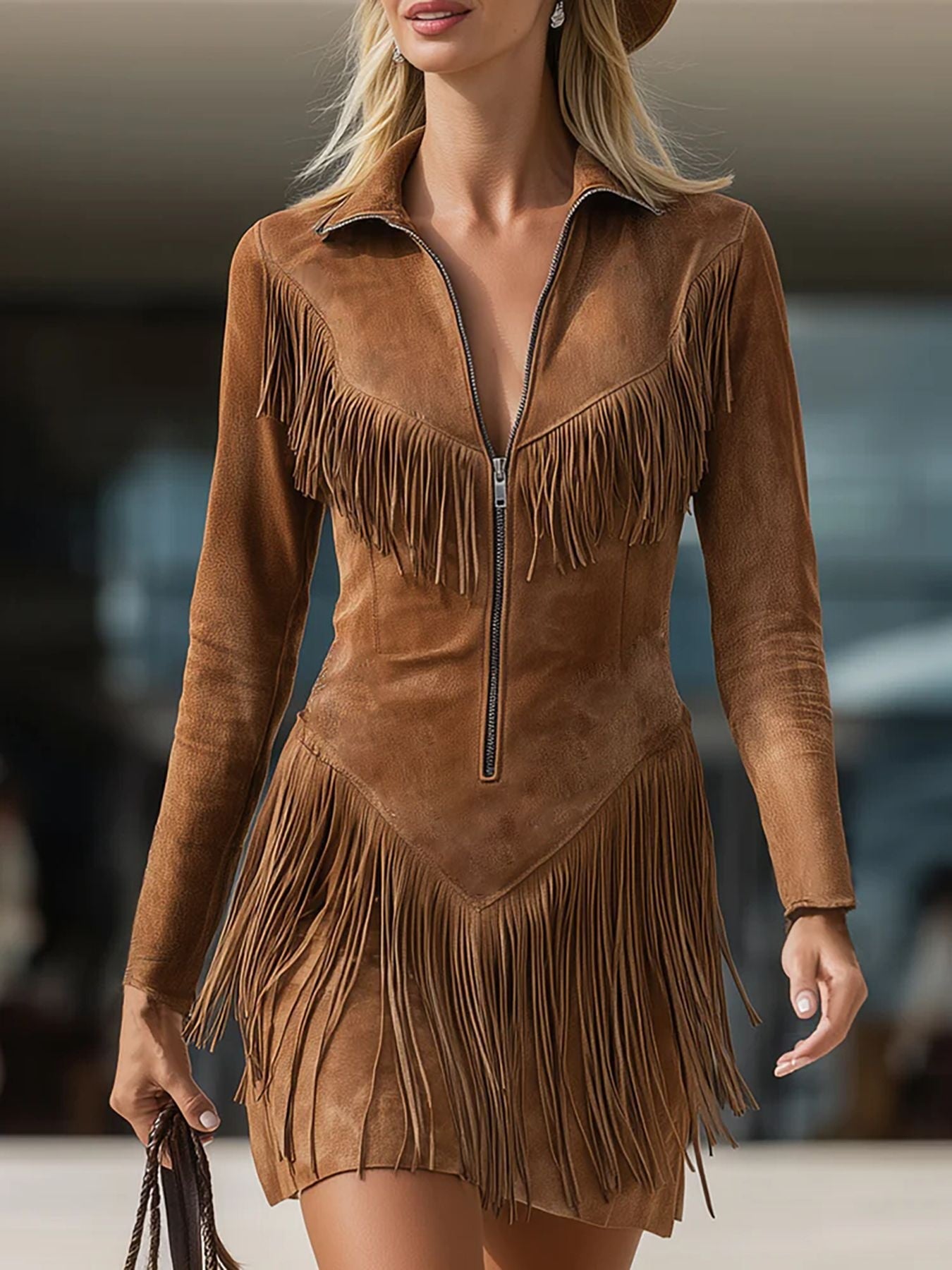 Women’s Western Fringe Midi Dress – Long Sleeve Suede Tassel Slim Fit