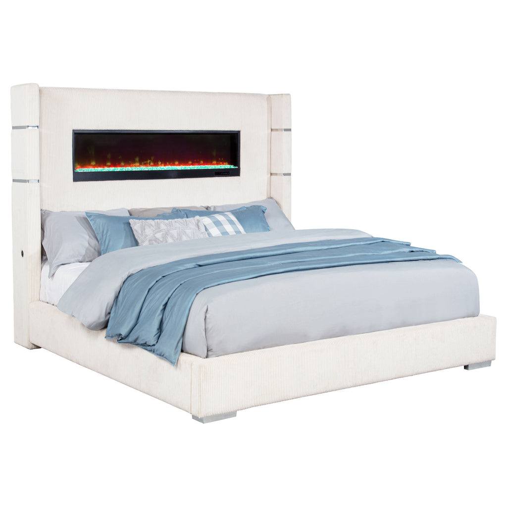 Tisdall Upholstered Eastern King Flame Visualizer Bed Cream