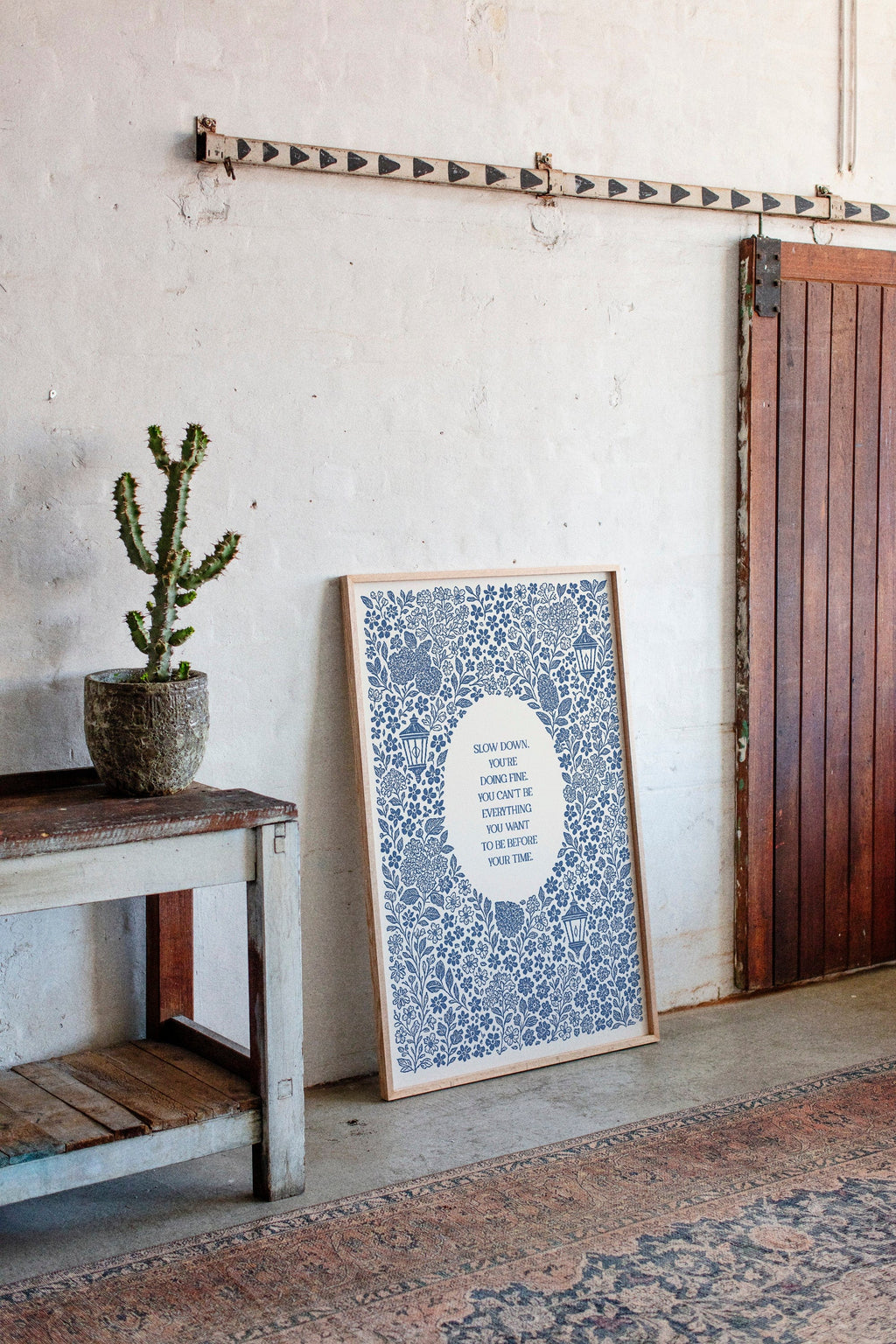 Blue Floral Lantern Quote Print – Slow Down, You’re Doing Fine