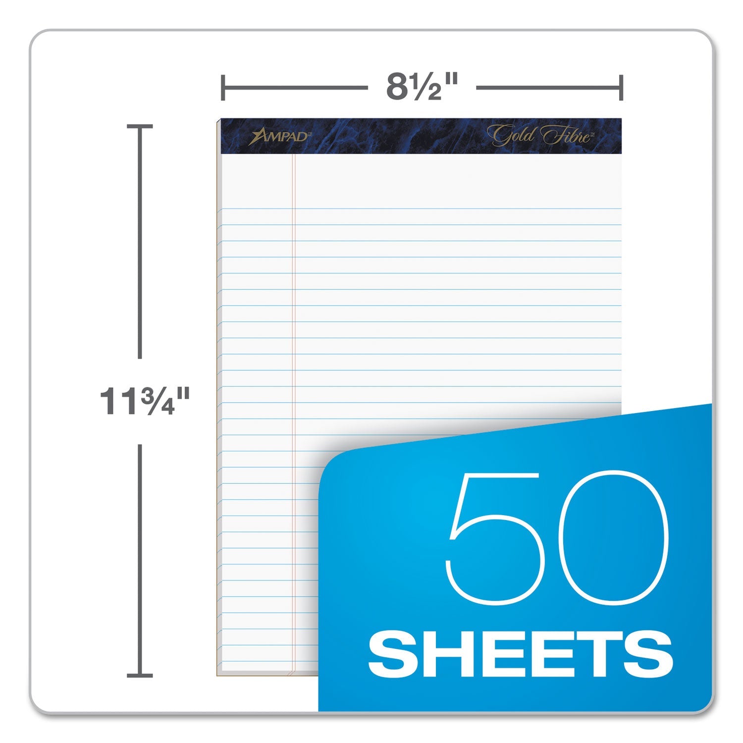 Ampad Gold Fibre Quality Writing Pads, Wide/Legal Rule, 50 White 8.5 x 11.75 Sheets, Dozen