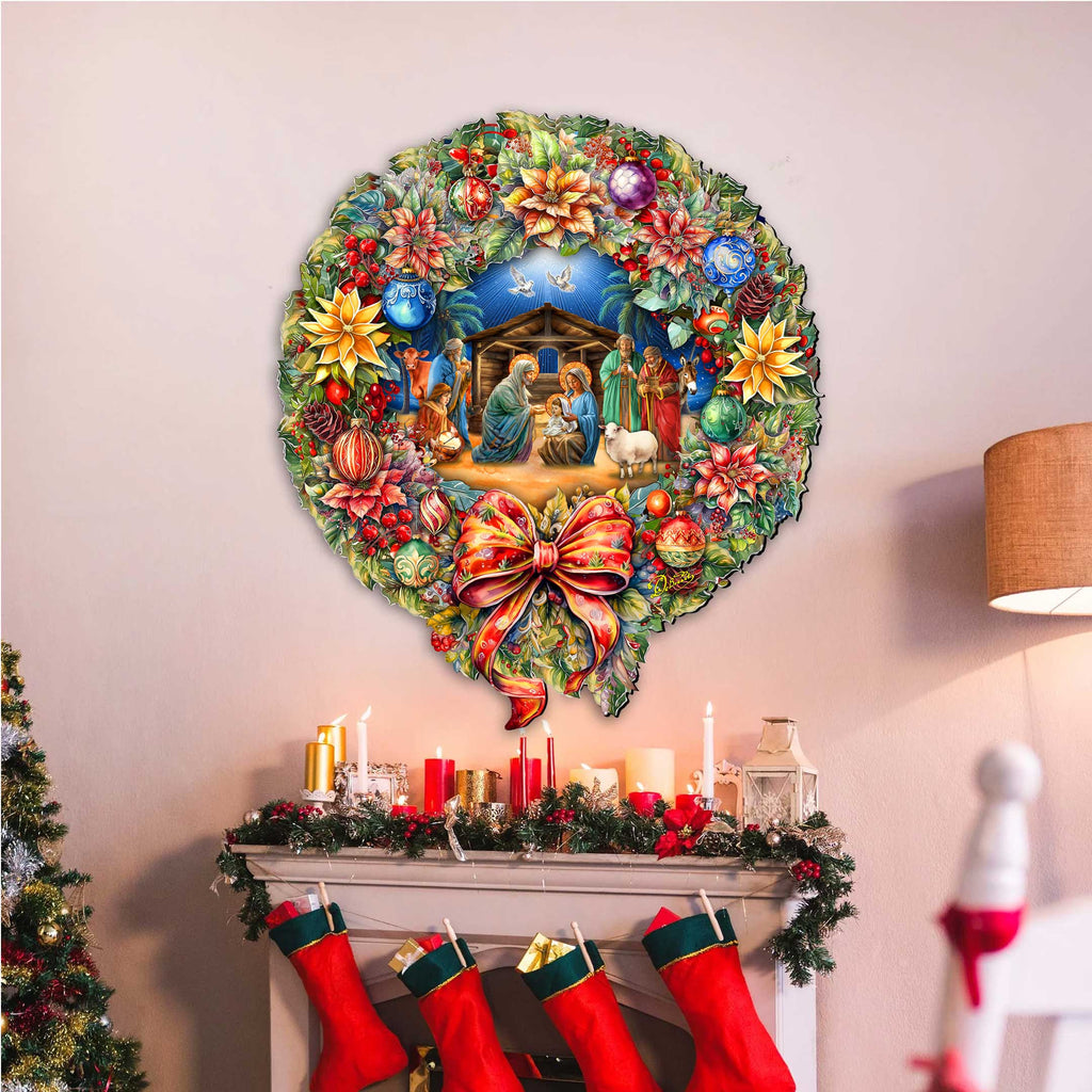 Nativity Wreath Outdoor Indoor Decor Wooden Christmas Decoration by G. Debrekht - Christmas Decor - 8652805F