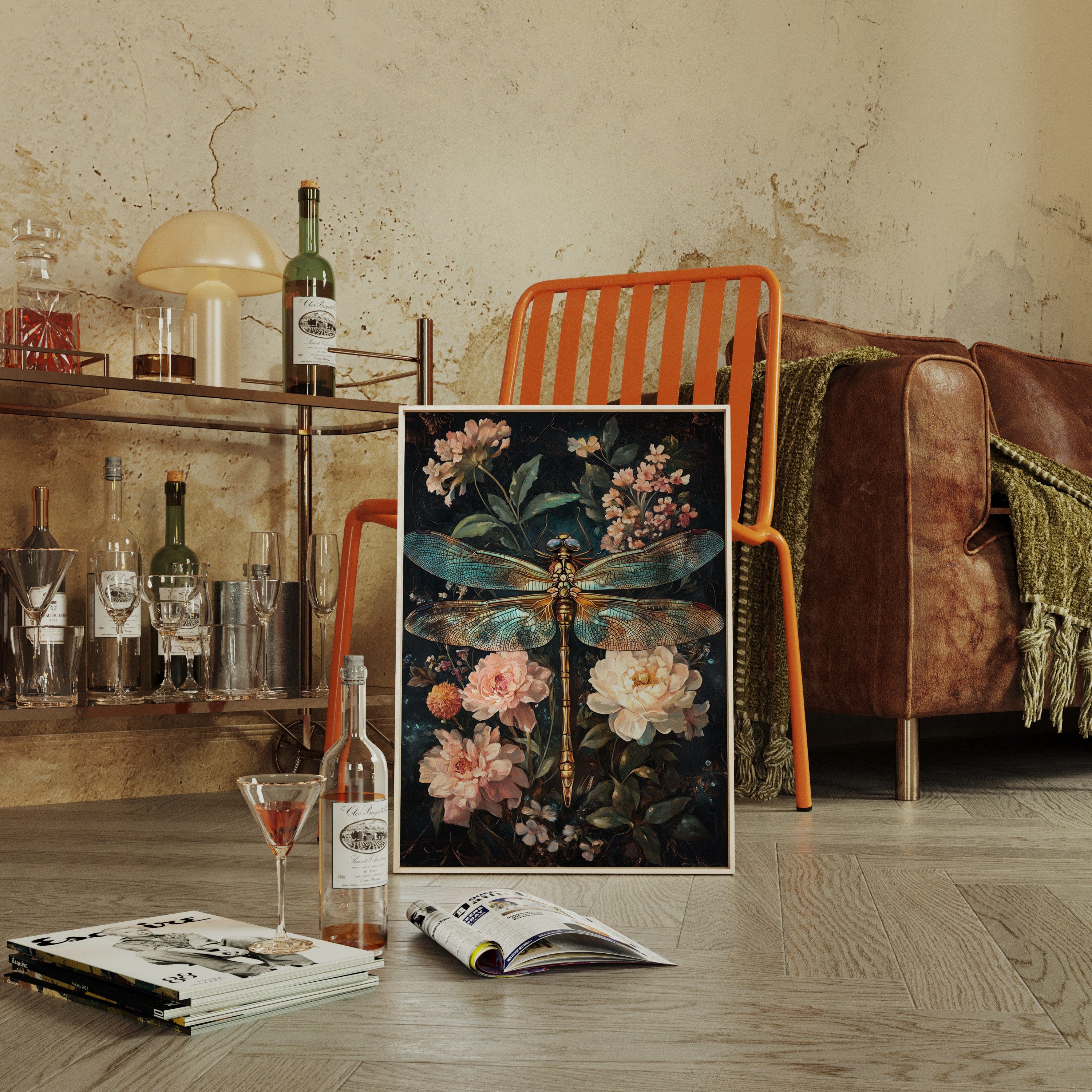 Golden Dragonfly: Dark Floral Baroque Canvas Wall Art