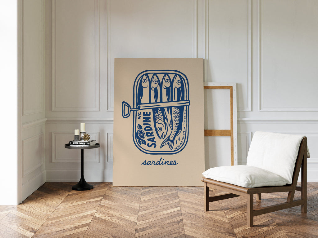 Retro Sardine Tin Wall Art – Blue & Beige Kitchen Decor