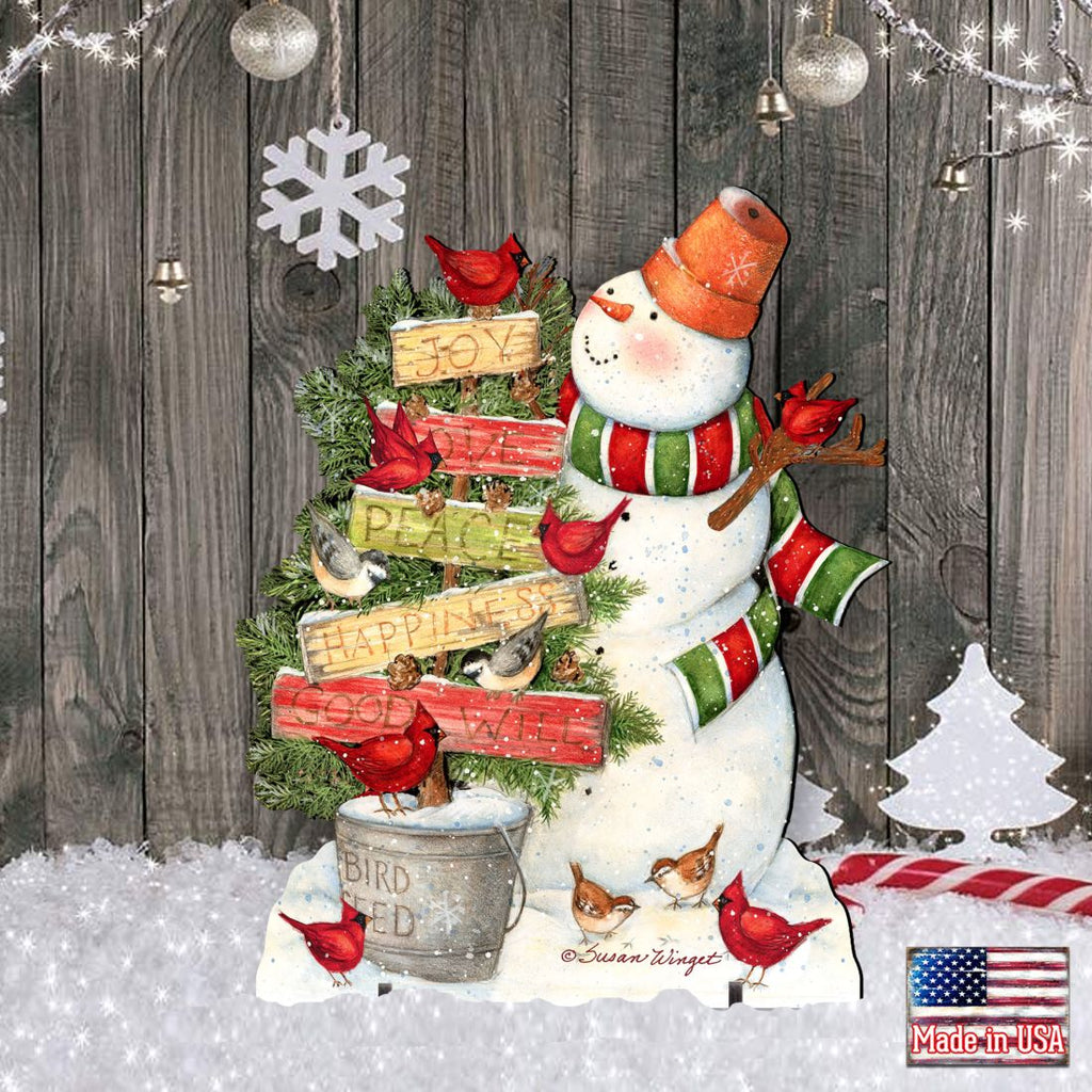 Joy Love and Peace Snowman Christmas Outdoor Scene by Susan Winget - Christmas Santa Snowman Decor - 8471108F-SW
