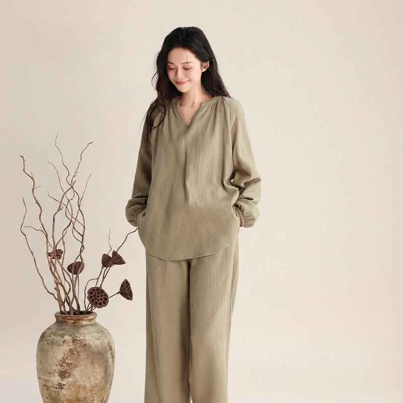 Women’s Double-Layer Gauze Long-Sleeve Top & Pants Set