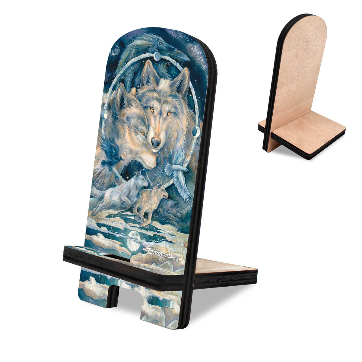 In Spirit I Am Free Wolves Ravens Cell Phone Stand Wood Mobile Tablet Holder Charging Station Organizer - 892091-JB