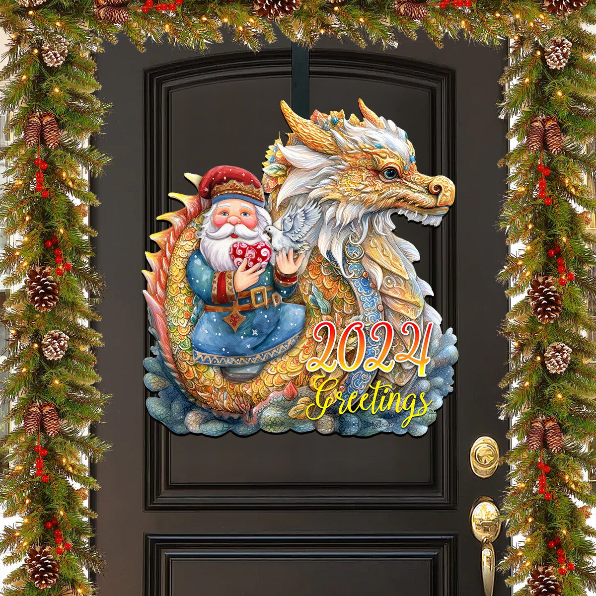 2024 Dated Santa with Dragon Holiday Door Decor by G. Debrekht - Christmas Santa Snowman Decor - 8611088H