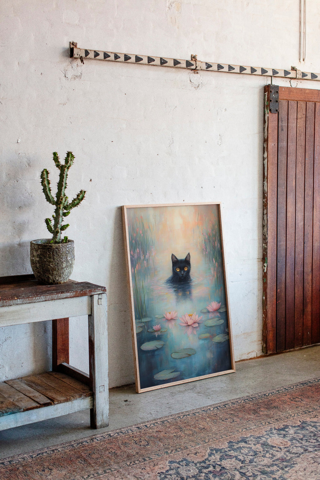 Mystical Black Cat in Water – Dreamy Water Lily Painting