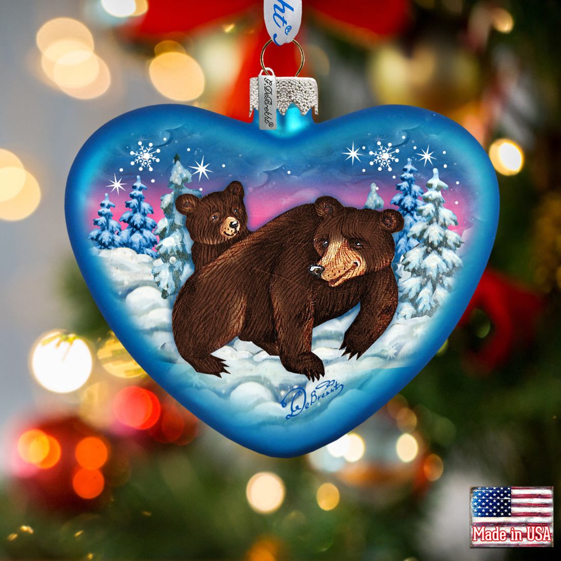 Black Bears Family Heart Glass Ornament by G. DeBrekht - Wildlife Holiday Decor - 753-090