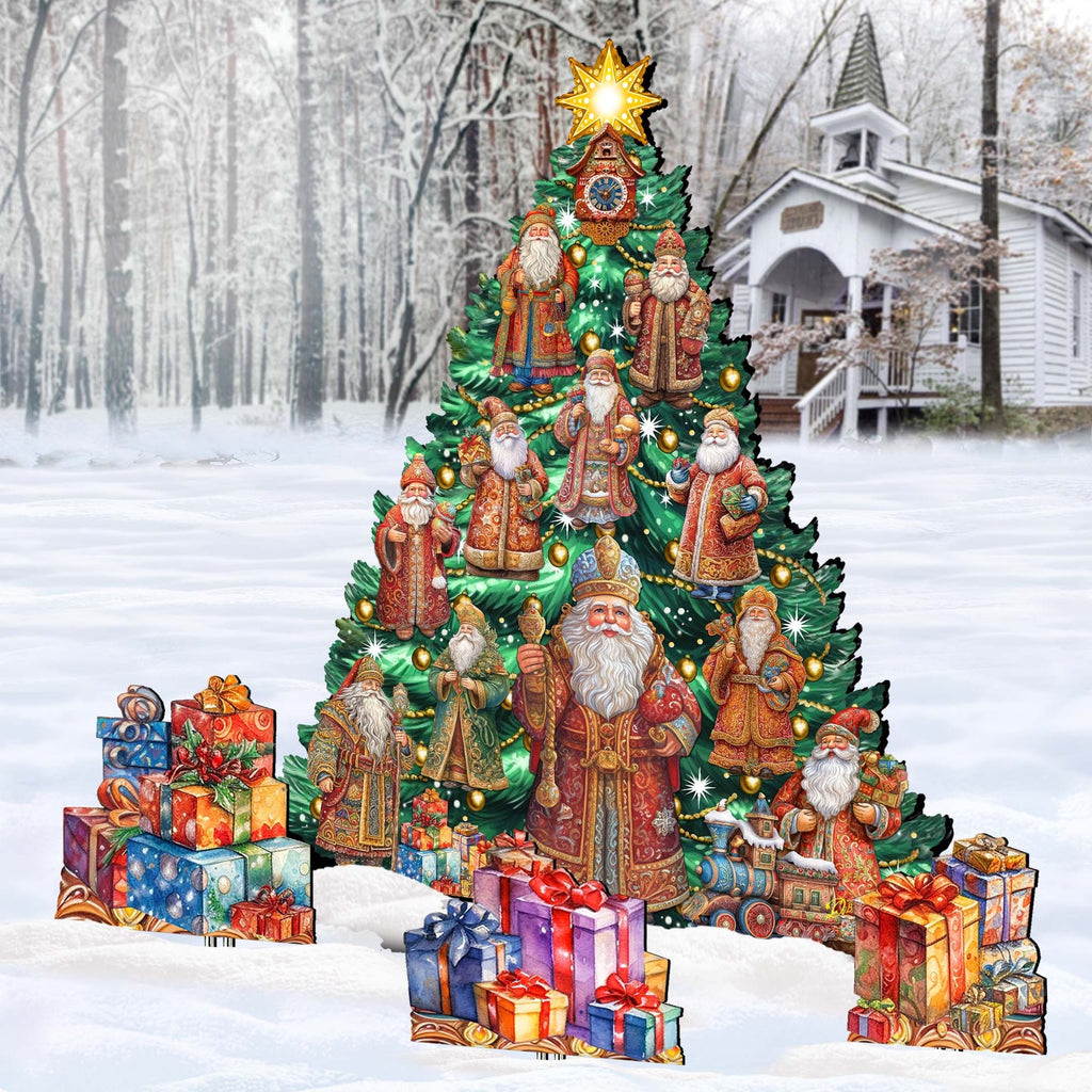 Santa-Themed Christmas Tree Set Outdoor Indoor Decor Wooden Christmas Decoration by G. Debrekht Christmas Decor - 8191517F-G