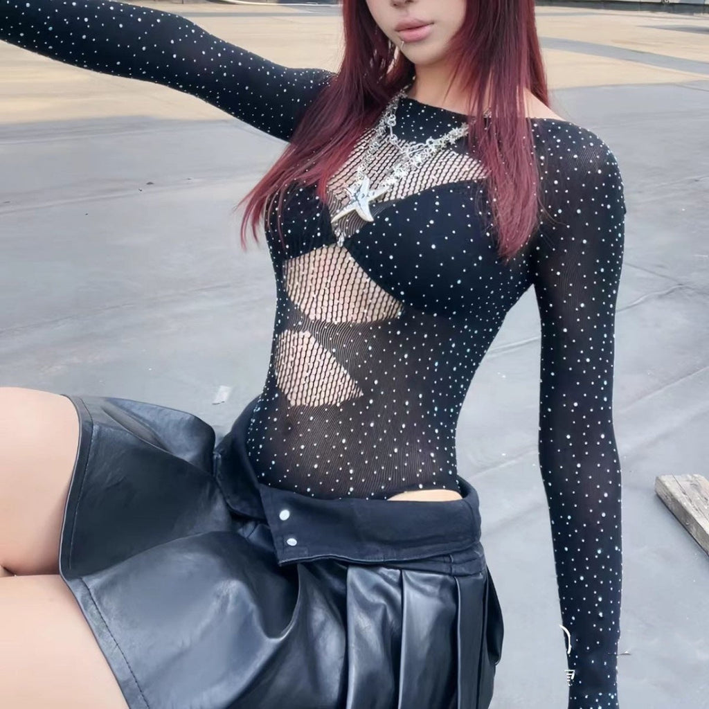 High-Elastic Sheer Rhinestone Long-Sleeve Bodysuit