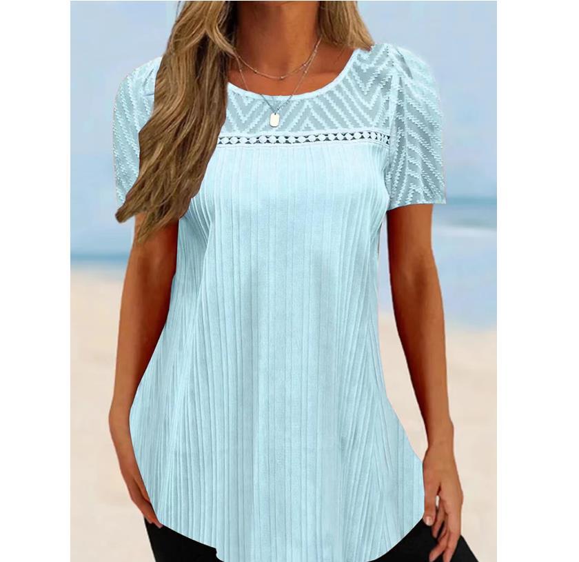 Women's Lace Patchwork Round Neck Pullover Top – Pink, Light Blue & White