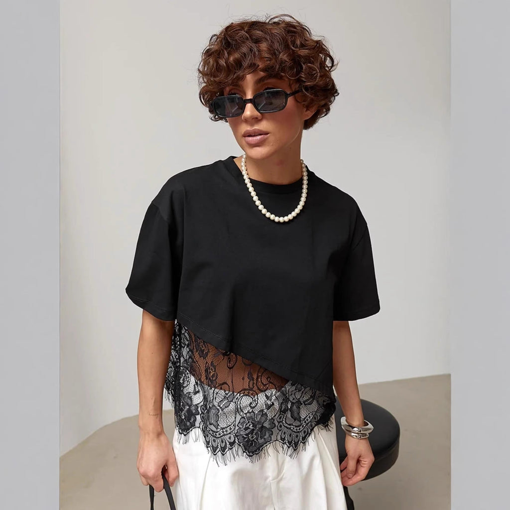 Mesh Lace Patchwork Blouse – Short Sleeve Crew Neck | White & Black
