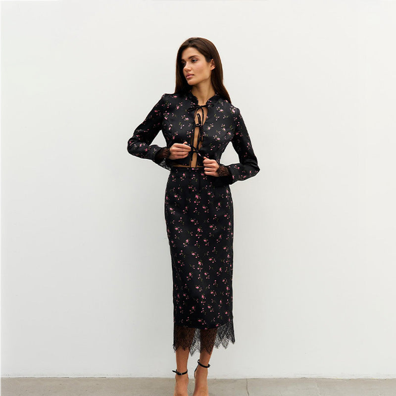 Women's Printed Long-Sleeve Lace Patchwork Two-Piece Skirt Set | S–L